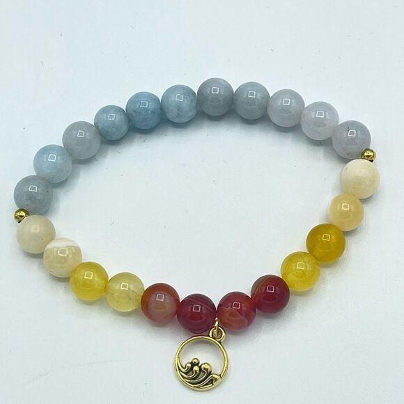 Ocean wave carnelian yellow agate honey calcite aquamarine beaded stretch bracel - Picture 10 of 16